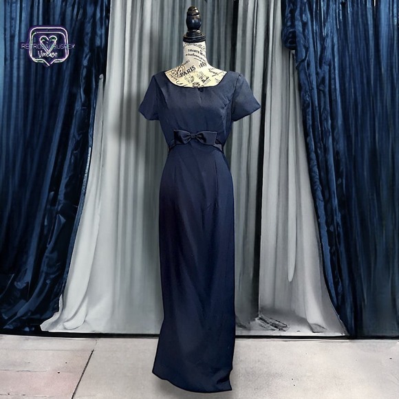 Vintage 90s Old Hollywood Jim Hjelm Formal Navy Blue Maxi Dress, 8 - Picture 6 of 8